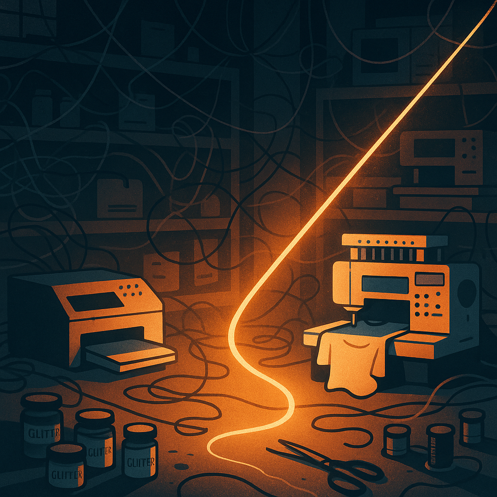 A graphic of light coursing next to printers