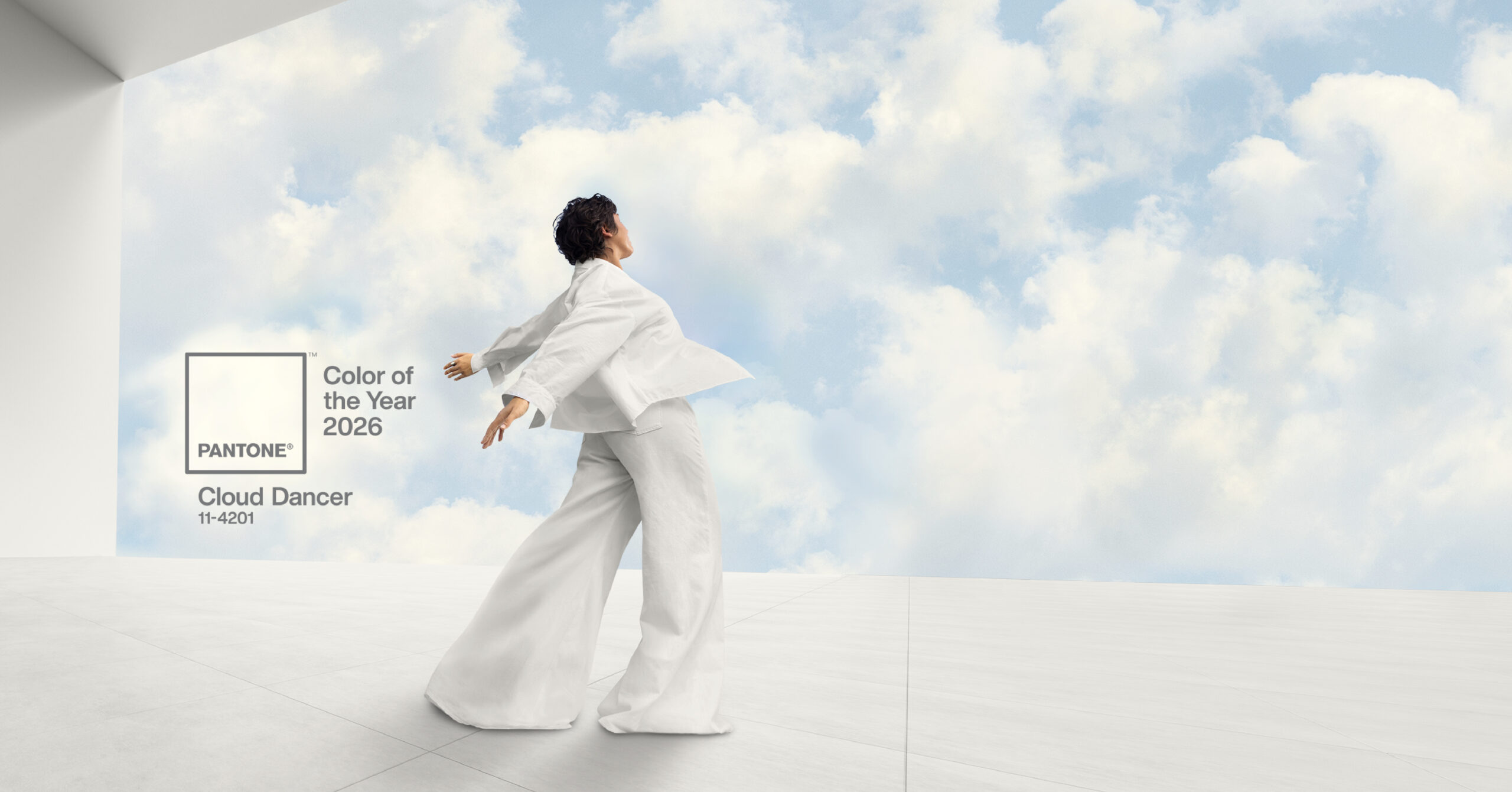 Person standing in a room in front of a background of clouds