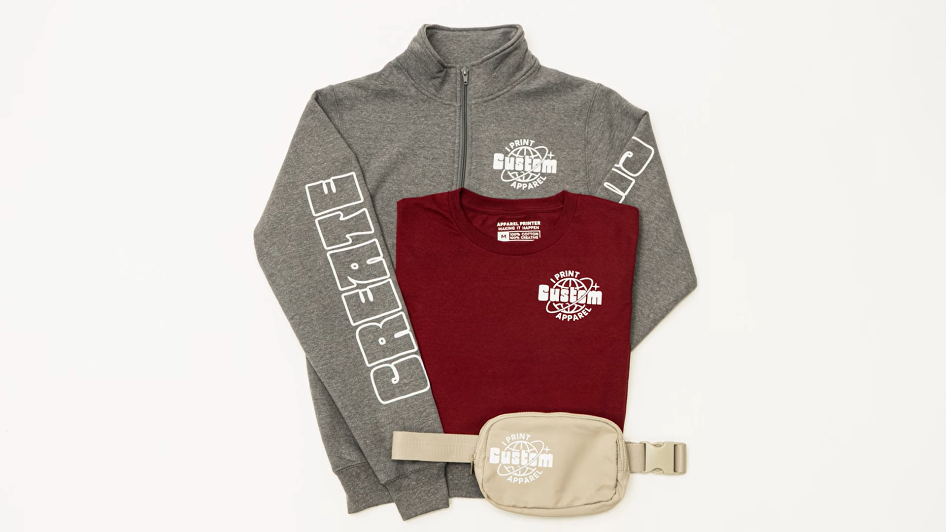 gray long sleeve, red T-shirt and tan tote bag stacked on top of each other