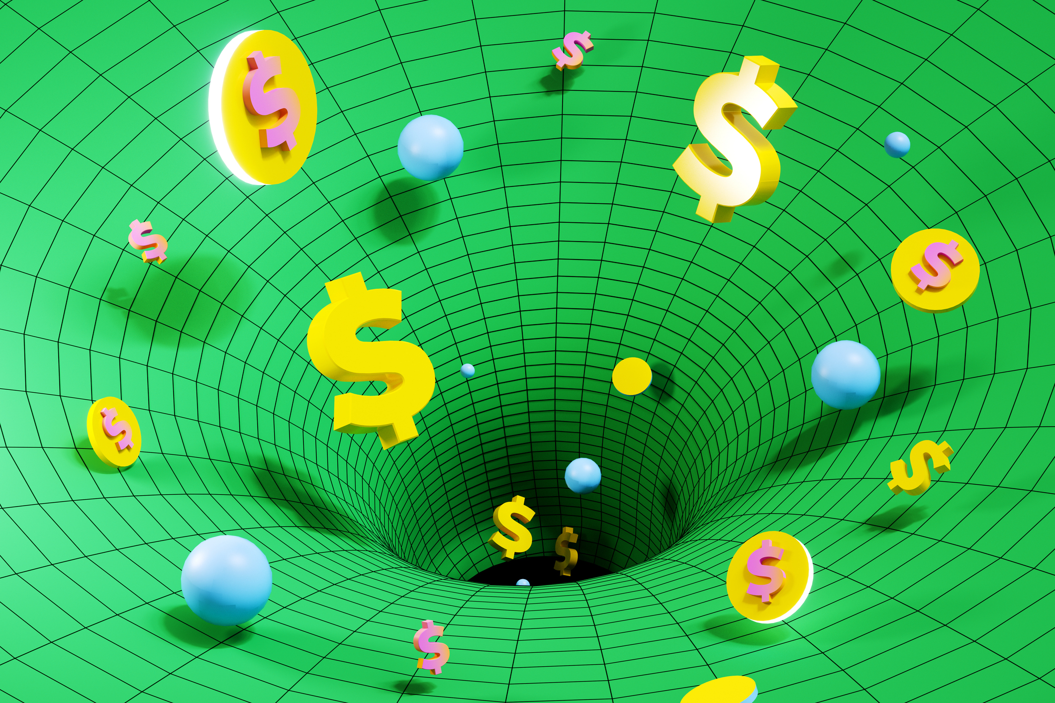 Digital generated image of green hole sucking into dollar signs and coins visualizing economy crisis and money loss.