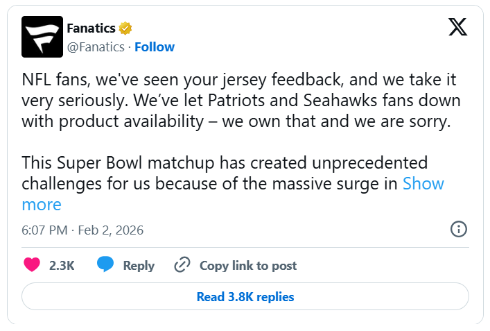 Fanatics Super Bowl merch apparel X Twitter apology