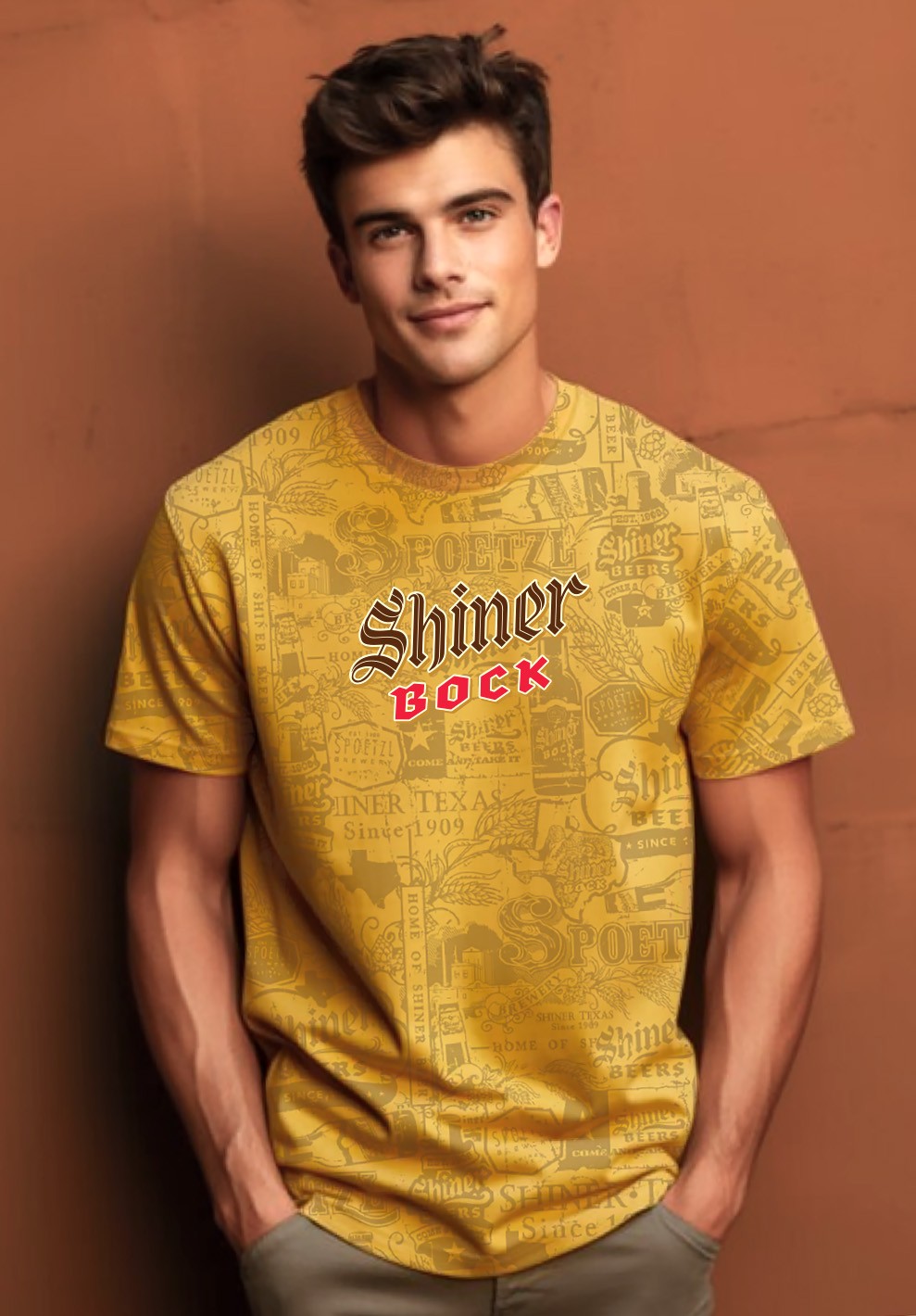 male model wearing gold shirt with shriner logo