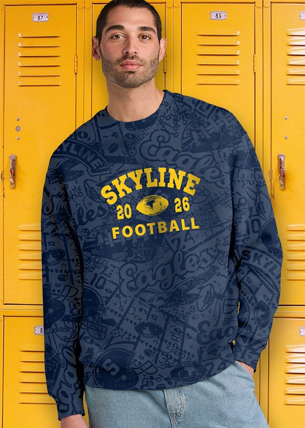 male model wearing blue printed crewneck