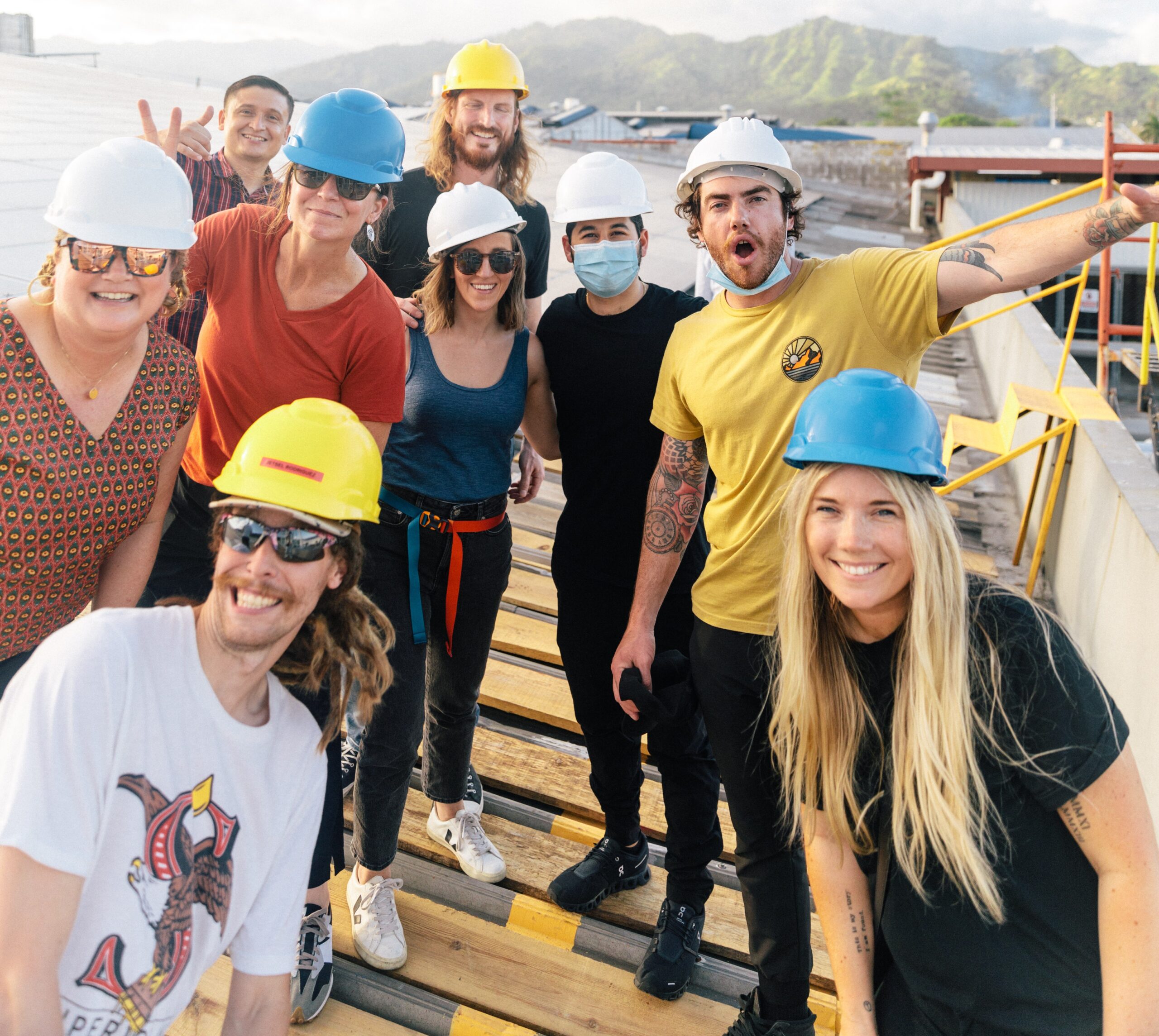 group of people with hard hats