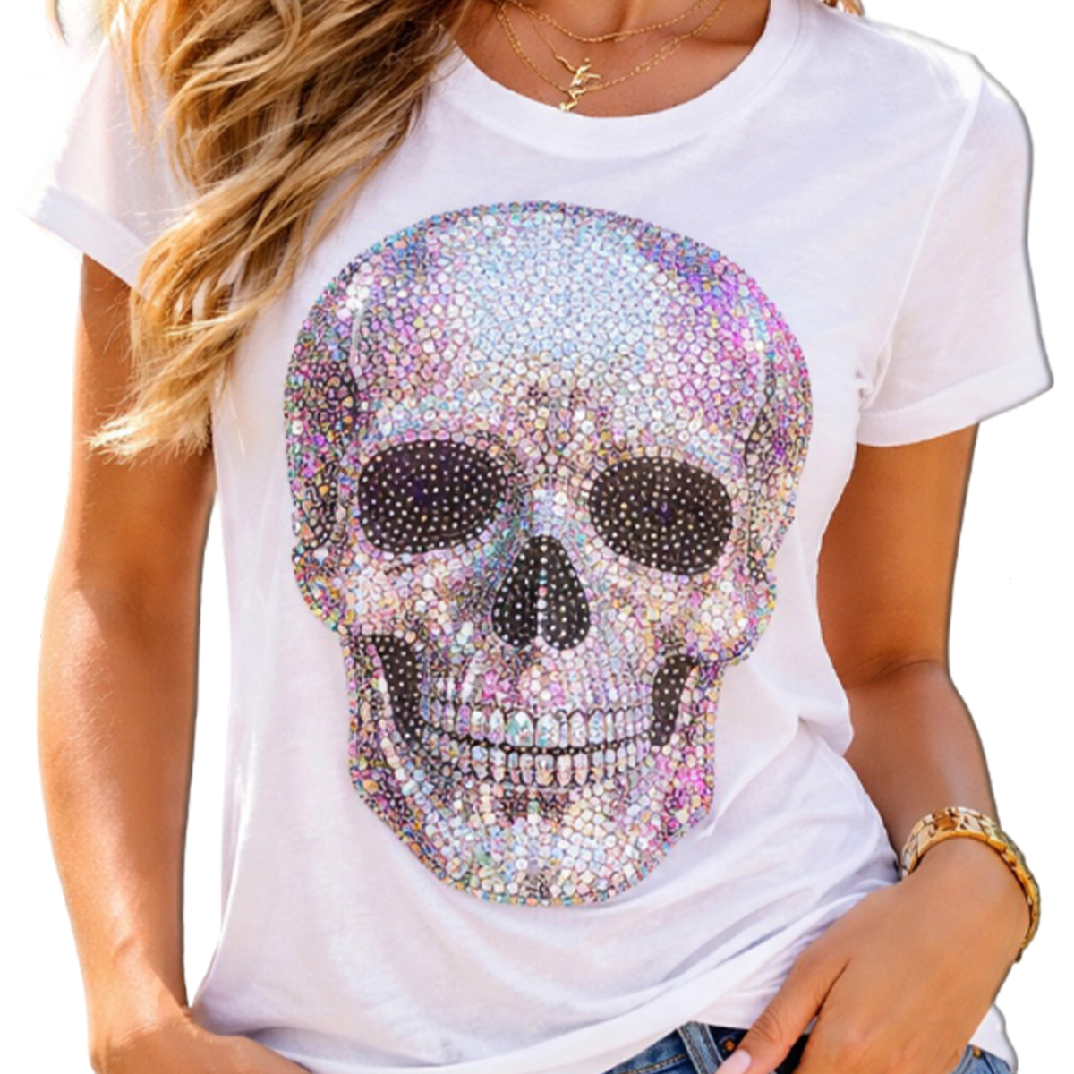 rhinestone skull on white Tshirt
