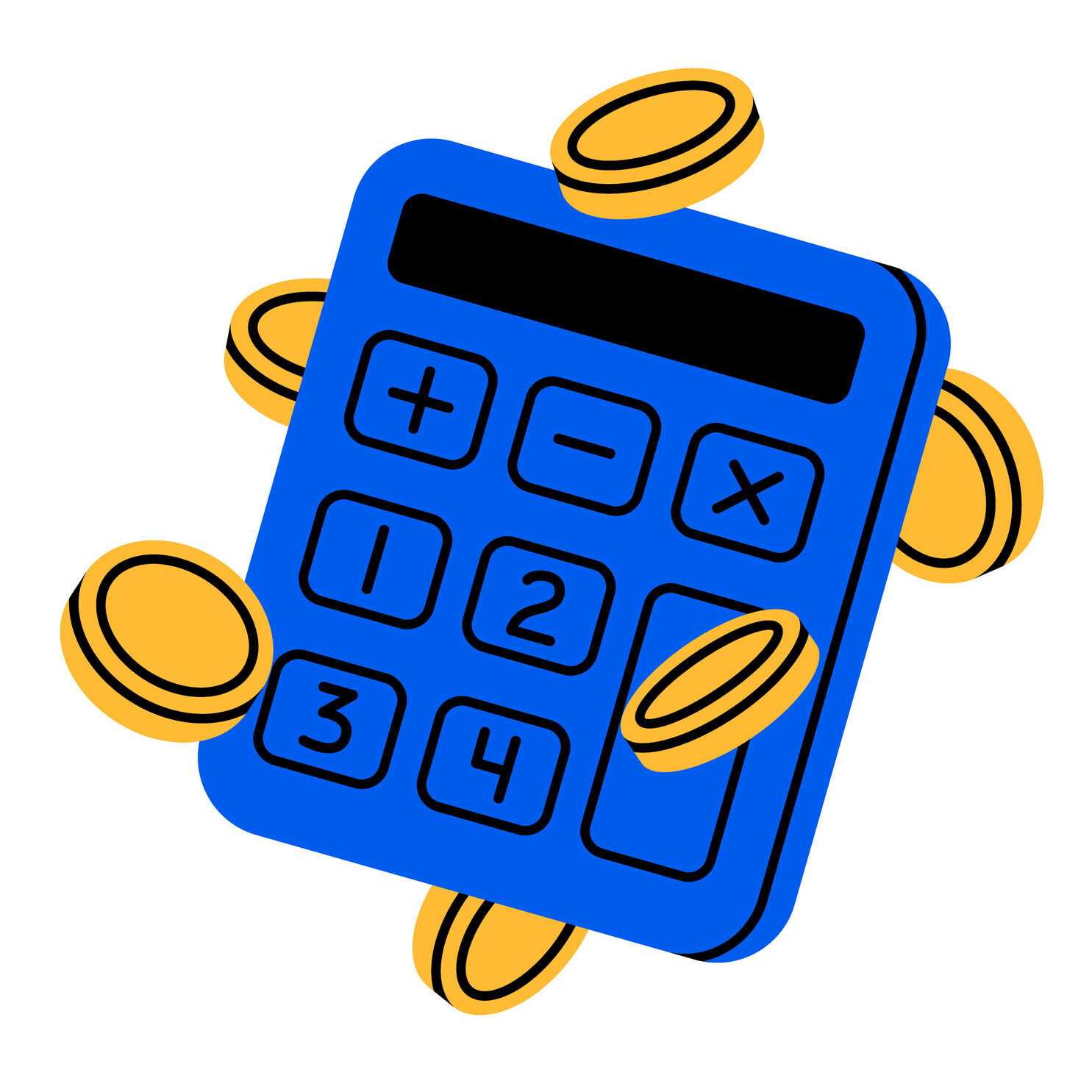 Hand drawn cute illustration of calculator with coins. Flat vector accounting device with cash doodle. Investment profit sticker, icon. Finance income. Calculation and payment of taxes. Isolated.